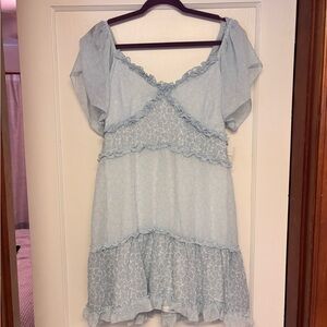 Chic Light Blue Midi Dress with Ruffle Details